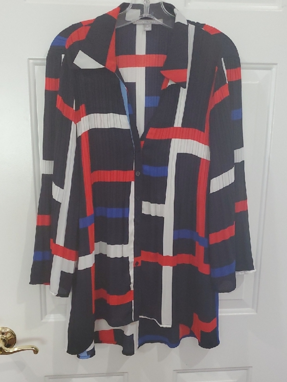 Valerie Stevens Black Tunic Shirt with Red, White & Blue Geometric Stripes